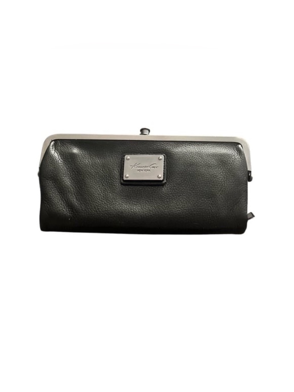 Kenneth Cole Black Pebbled Leather Frame Clutch with Silver Hardware